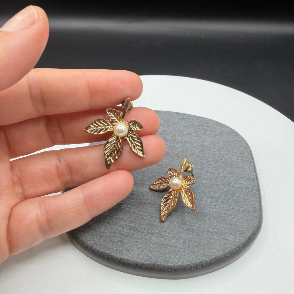 Gold Tone Pearl Leaf Drop Earrings Botanical Cottagecore Statement Jewelry Gift